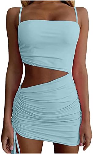 Mulheres Sexy Bodycon Party Vestes Solid Hollow Out Spaghetti Backless sem mangas Club Club Ruched Bodycon Mini Dress