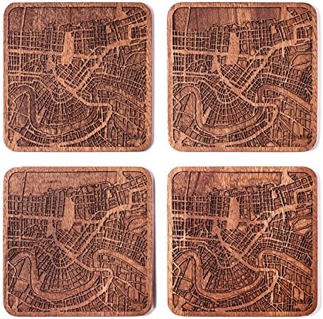Coaster de mapa de Nova Orleans por O3 Design Studio, conjunto de 4, Sapele Wooden Coaster com mapa da cidade, feito à mão