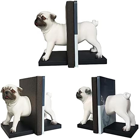 Pug Livros Livros decoração de prateleira decorativa, resina branca de 7,7 ”Livro de cães pesados ​​para prateleiras decoração