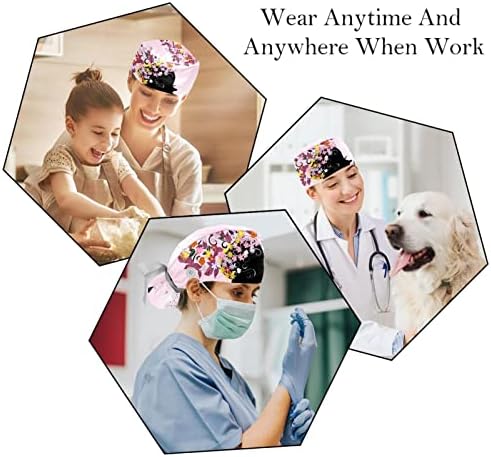 2 PCS Nurse Scrub Caps Cabelo longos, girl Butterfly Pink Ajustável Capinho de trabalho com botão e banda de moletom