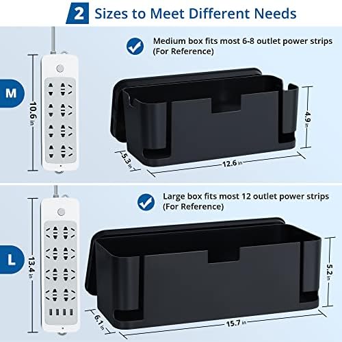 Caixa de gerenciamento de cabos Black, 2pack Cord Organizer Box - Tamanho extra grande e médio, caixa de cabo para esconder as tiras