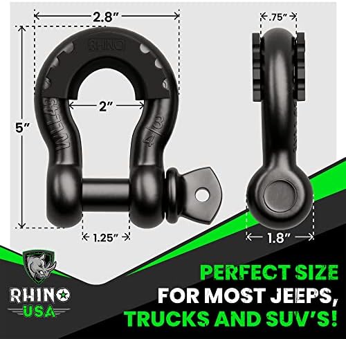 Rinoceronte Dino D Chaqueiro de Ring Ring 41.850 lb Resistência à quebra-alterações de 3/4 ”com 7/8 pinos para uso com alça de reboque, guincho, recuperação de veículos de caminhão de jipe ​​off-road, melhores acessórios para reboque offroad
