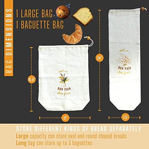 Sacos de pão de linho orgânico para pão caseiro - conjunto de 2, sacos de armazenamento reutilizáveis ​​para baguete