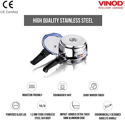 Aço inoxidável da panela de pressão Vinod - tampa de vidro Pot Handi - 5,5 litros - panela de pressão indiana - sanduíche