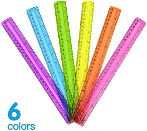 6 Pacote de réguas transparentes de cor, réguas de plástico, réguas métricas a granel com polegadas e centímetros, governante para crianças para escola, casa, escritório, 12 polegadas