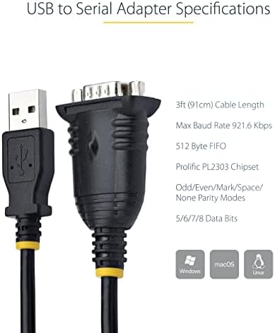 Startech.com 3ft USB para cabo serial, DB9 machado rs232 para conversor USB, IC prolífico, adaptador USB para serial para plc/impressora/scanner/switch,