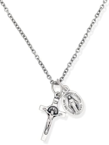 Crucifixo italiano oxidado de prata delicada e colar de medalha Mini Mini milagrosa na cadeia de aço inoxidável de 16 - Jesus Mary