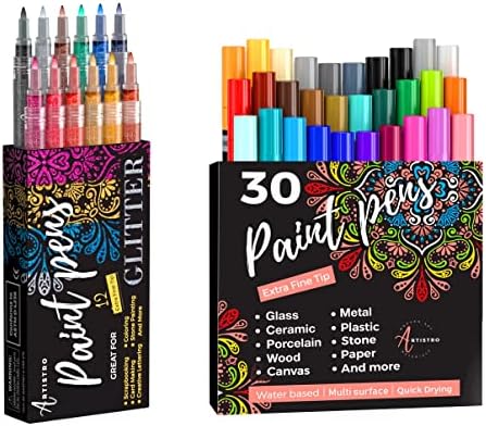 Artistro 12 Glitter acrílico canetas extra fina e 30 marcadores de tinta acrílica ponta fina extra, pacote para pintura de pedra, madeira,
