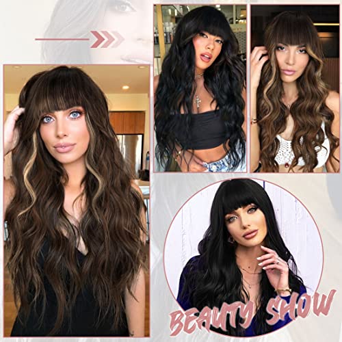 Cabelo uamy Long Wavy Hair Wig com franja para mulheres peruca marrom de 26 polegadas com destaque perucas sintéticas onduladas longas e onduladas