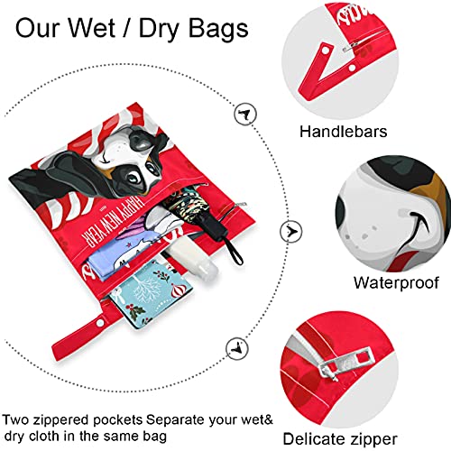 VISESUNNY Feliz Natal cachorro 2pcs bolsa molhada com bolsos com zíper bolsa de fraldas salateadas reutilizáveis ​​para viajar,