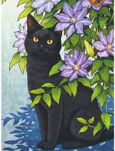 Eiialerm estampado kits de ponto cruzado Black Cat on Purple Flowers 11 CT para iniciantes Cross Cross Padrão pré-impresso