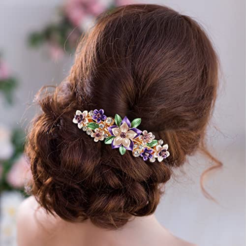 Clipe de cabelo de metal de flores luxuoso com strass - barrette de liga roxa vintage para mulheres e meninas - design