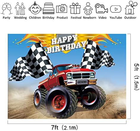 Riyidecor Truck Racing Cenário Feliz aniversário 7x5 pés Fabric Poliéster Crianças CARA VELOCIDADE DO CARRO DE BANNER COLE