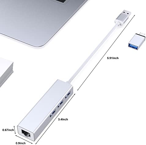 Adaptador USB para Ethernet, 3 USB Hub 3.0 com RJ45 Adaptador Ethernet Gigabit, Splitter USB C Cub
