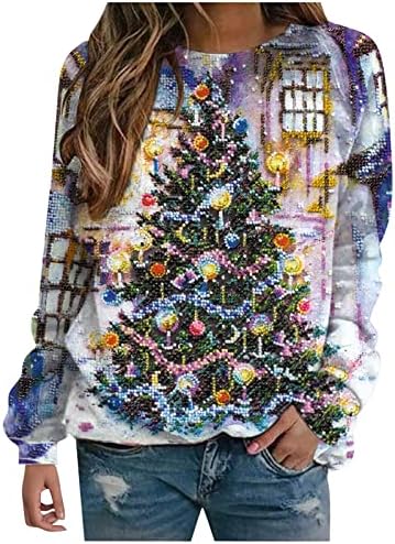 Camisas de árvore de natal Swrowesi para mulheres de moda casual de Natal redondo pescoço de outono de manga longa de manga
