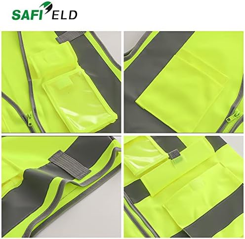 Colete de trabalho refletivo de segurança Safield 6 Pacote para homens e mulheres com 8 bolsos e zíper de alta visibilidade Construção de roupas de construção