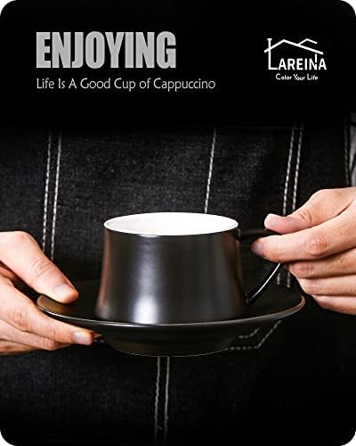 Lareina Porcelain Cappuccino Copo com pires, colheres e suporte de xícara - 7 onças de café em cerâmica para americano, latte, café mocha e chá - conjunto de 6, preto