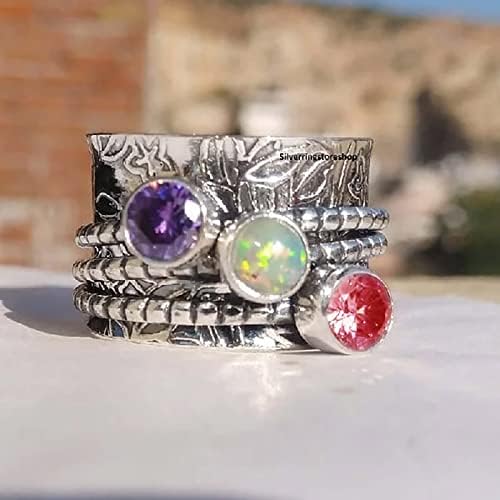Anéis de aço inoxidável para mulheres Bohemian Gemstone Meditation Ring Spinning Silver Colored Stone Stone Ring Fashion