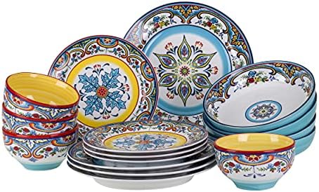 Euro Ceramica Zanzibar Double Bowl Jantar de 16 peças Conjunto de utensílios | Bom Kitchenware | Floral Multicolor Design