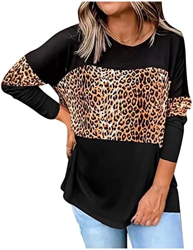 Usuming Stitching Color Crewneck Pullover para mulheres leopardo de manga comprida camisas de blusa solta