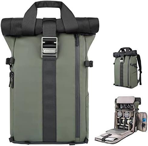 Backpack da câmera Besnfoto para fotógrafo DSLR SLR Baga de câmera à prova d'água com laptop de 15,6 polegadas do compartimento de tipod rolo de top