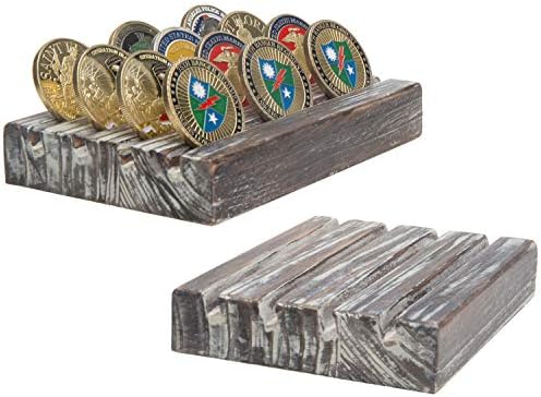MyGift Torched Wood Military Handeld Holder Display, 4 linhas para segurar várias moedas, conjunto de 2