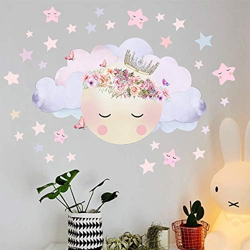 Garland Moon Cloud Wall Decalques Crown Star Butterfly Wall Stickers para meninas quarto quarto quarto berçário bebê