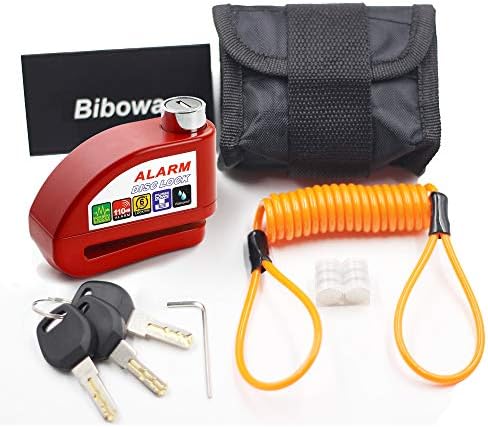 Bibowa Motorcycle Disc Bloqueio - Alarme de motocicleta de trava de disco anti -roubo com cabo de alarmes de 110dB Cabo de lembrete de 5 pés, bolsa e bateria de espera vermelha
