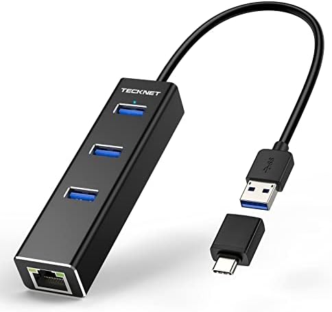 Adaptador TeckNet USB para Ethernet, USB C para Ethernet, Alumínio 3 Porta USB 3.0 Hub com RJ45 10/100/1000 Gigabit