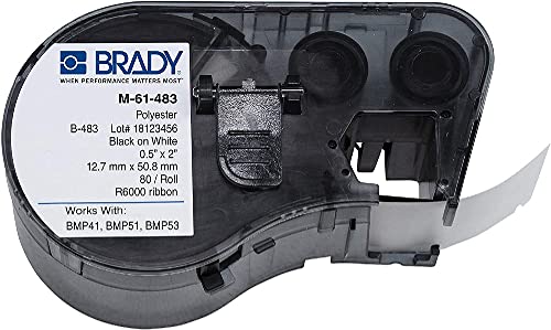 Brady-143304 M-61-483 Polyester B-483 Black On White Relab para cartucho, 2 largura x 1/2 de altura, para impressoras BMP51/BMP53