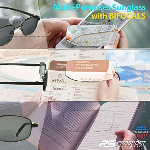 Prosport Square Aviator Bifocal Sunglass Reader | Bloqueio de luz azul HD, lentes cinza ou âmbar.