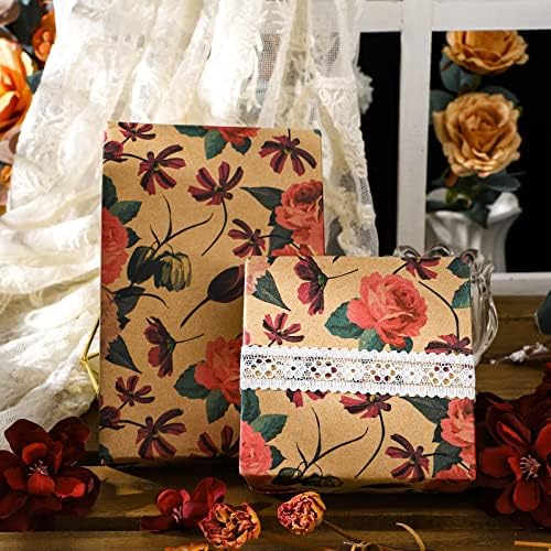Biobrown Kraft embrulhando papel de papel - Design floral Fushcia Perfeito para aniversário, casamento, dia das mães, chá de chá de