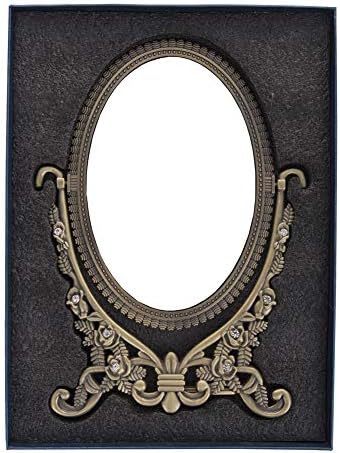 Nerien estilo vintage oval espelho de maquiagem de dois lados com bronze de flores em relevo
