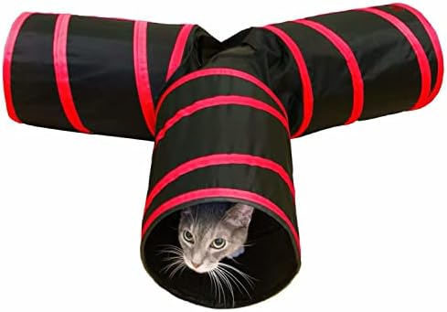 Purrfect Feline - Túnel de gato de 3 vias e brinquedos de gato e brinquedos de gato interativo com bola de gato incluído - brinquedos de gatinho e suprimentos de gato para gatos internos, furões, coelhos ou cães pequenos - vermelho - M