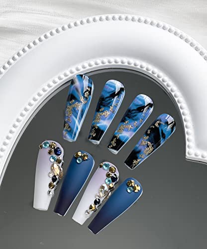 Pressione as unhas Long Coffin Blue Unhas Falsas Gradiente Tampa completa unhas Falsas com designs de papel dourado acrílico