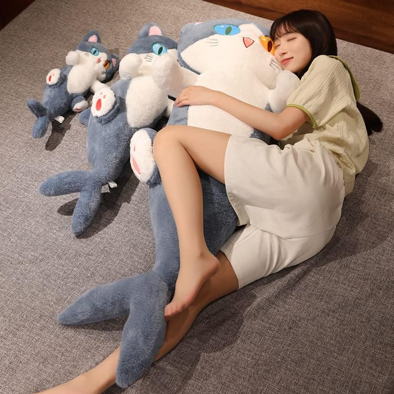 Chezmax Brinquedo de gato de tubarão de pelúcia, travesseiro de gato de tubarão recheado de desenho animado, travesseiro de dormir longa, presentes de tubarão para crianças （130cm e 51.1in）