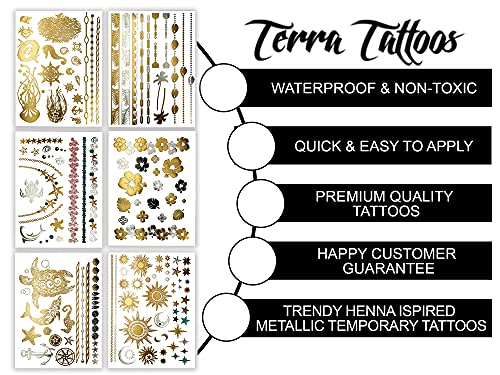 Tatuagens de Terra Tattoos Tattoos Metálicos Havaianos Tropicais - 75 Tatuagens Temporárias de Prata de Prata Gold, golfinhos, Estrelas, Sol, Lua, Estrela Estrelana, Coral, Coral, Palmeiras, Hibiscos, Shells Puka e muito mais!