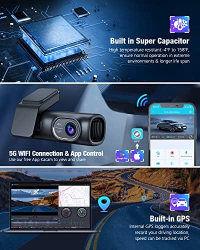 Ombar Dash Cam Frente e traseiro 4K/2K/1080P+1080p 5G GPS WiFi, câmera de traço para carros com cartão SD de 64g gratuito,