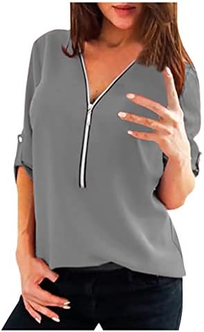 Blusa da blusa de chiffon de pescoço feminino Camisa de túnica 3/4 de manga roll de manga de trabalho sólido