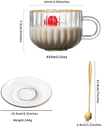 Cavzcbty Clear Glass Canelas de chá de chá com colher e pires, 15 oz de xícara de xícara de cereal de borda dourada para café, leite,