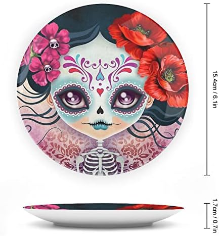 Day of Dead Women Skulls Padrão Funny Bone China Decorativa Placas redondas Craft Craft With Display Stand for Home Office Wall Decoration