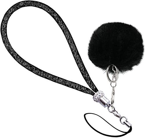 Chaço com pompom e tubo de pesca cheio de strass brilhantes, pulseira Bling para telefone, câmera, emblema de identificação e chave USB, preto curto