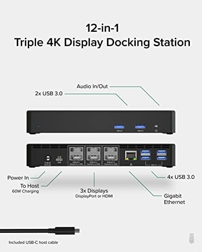 Pluclet 12-in-1 USB C Docking Station Triple Monitor, exibição tripla 4K com 3x HDMI ou 3X DisplayPort, compatível com Mac,