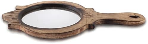 Espelho de madeira antiga de madeira antiga artesanal com alça com uma pequena mesa de penteado redonda HD Acessório de banheiro handheld face maquiagem cosmética Espelho de viagem portátil Decorativa de mesa 10 x 5,5 polegadas