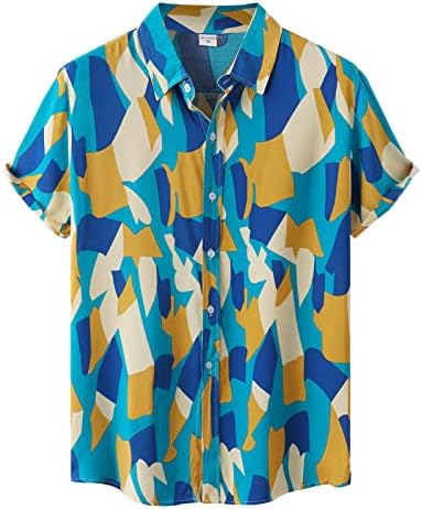XXBR Mens Casual Button Down Camisas de manga curta Impressão gráfica geométrica Camisa havaiana Summer Summer Beach Collared Aloha Tops