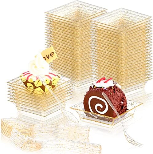 XUWAIDSGN 50 peças 2,4 ”x 2,4” Mini quadrado Golitário de ouro Placas de sobremesa de plástico com garfos Spoons Conjunto