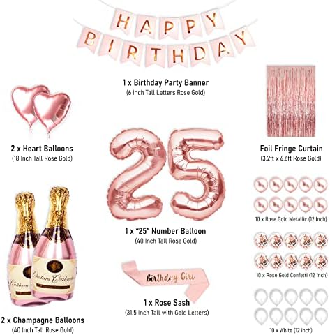 Decorações de festas de 25º aniversário para seus suprimentos de ouro rosa grande conjunto com banner de aniversário e balões de dígitos de 25 berrantes para mulheres, incluindo balões de látex e confete