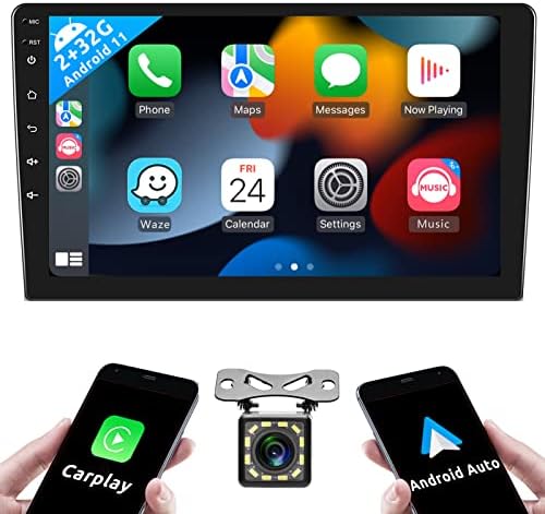 2G 32G Android 11 estéreo de carro duplo com Apple sem fio CarPlay e Android Auto, Rádio de carro sensível ao toque de 10,1 polegadas com navegação GPS WiFi Bluetooth FM/RDS Rádio SWC Dual USB/Aux-In+Câmera de Backup