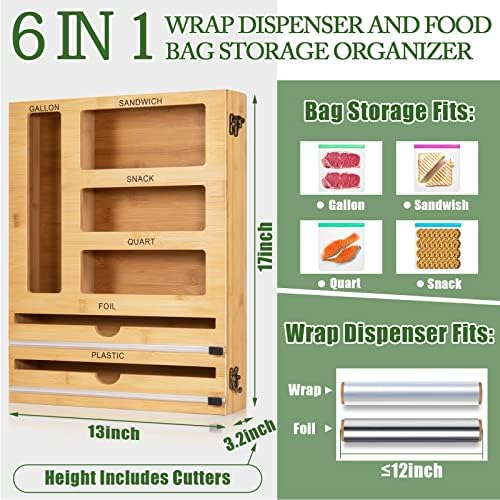 Organizador de saco de ziplock Bambu para gaveta, papel alumínio e organizador de plástico com cortador, 6 em 1 Wrap Dispenser