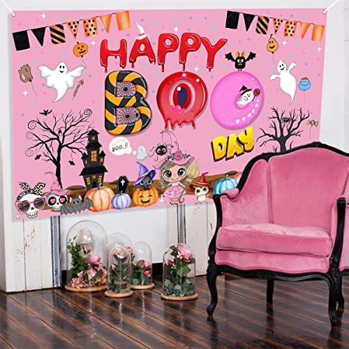 Pink Halloween Feliz dia do dia da festa de aniversário decoração de banner, Spooky Halloween menina de aniversário decoração de pano de fundo fofo abóbora